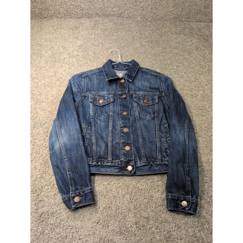 Gap‎ 1969 Womens Denim Jacket Dark Wash Cotton Trucker Petite XS RN54023 Blue